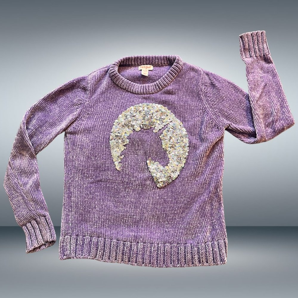 Cat & Jack Purple Soft Chenille Silver Reversible Sequin Unicorn Sweater
